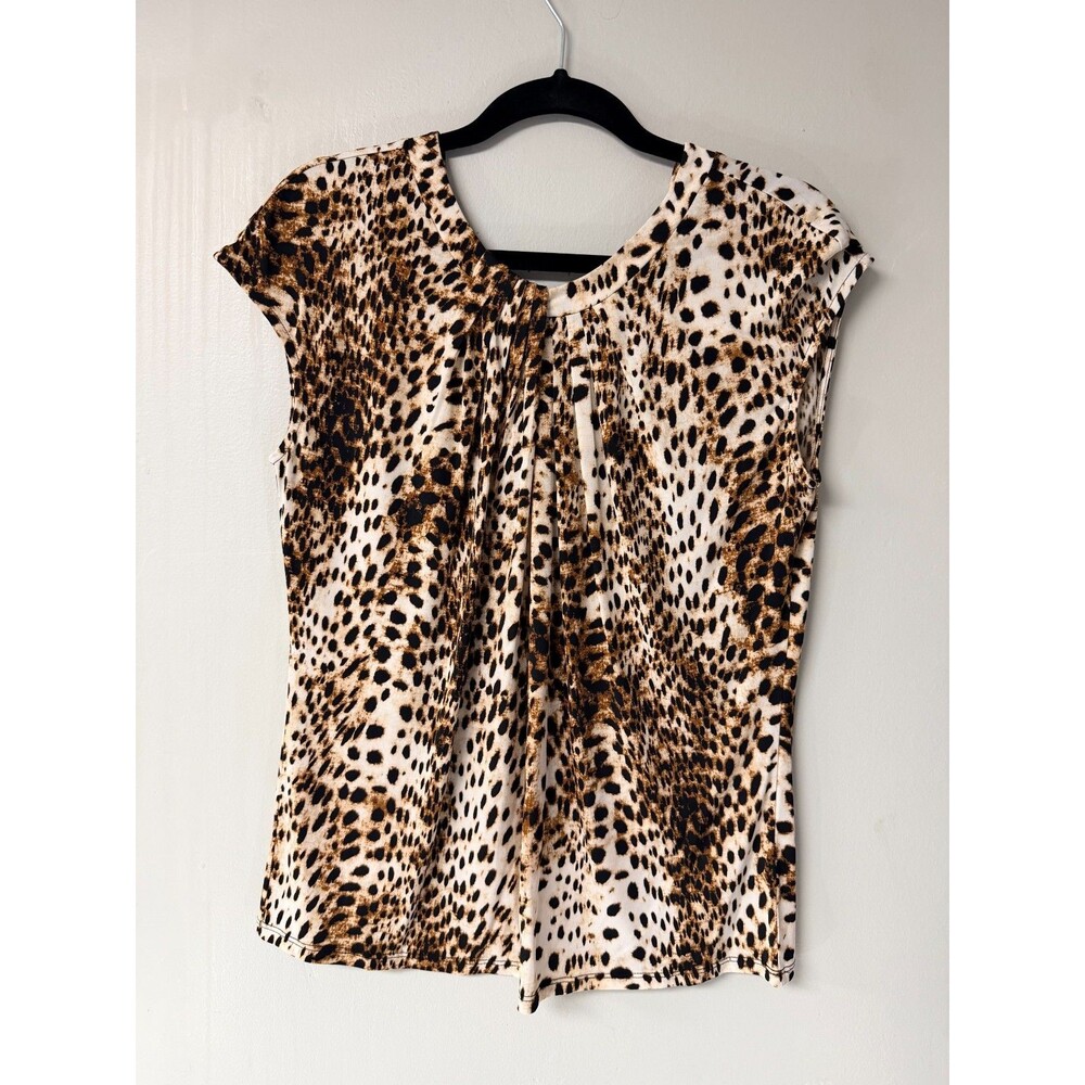 Liz Claiborne Career Womens M Animal Print Blouse Leopard Cap Sleeve Top